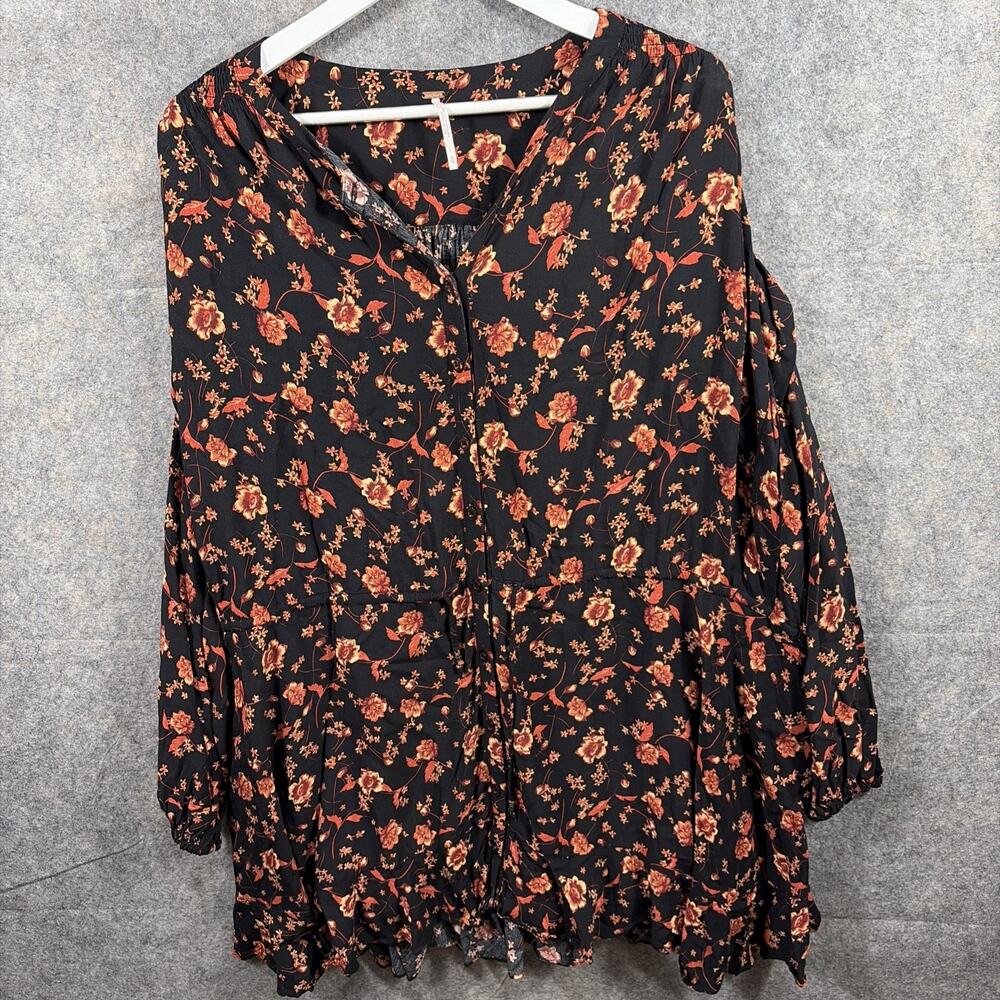 Free People‎ Womens Mini Dress Size M Black & Orange Floral Button Front